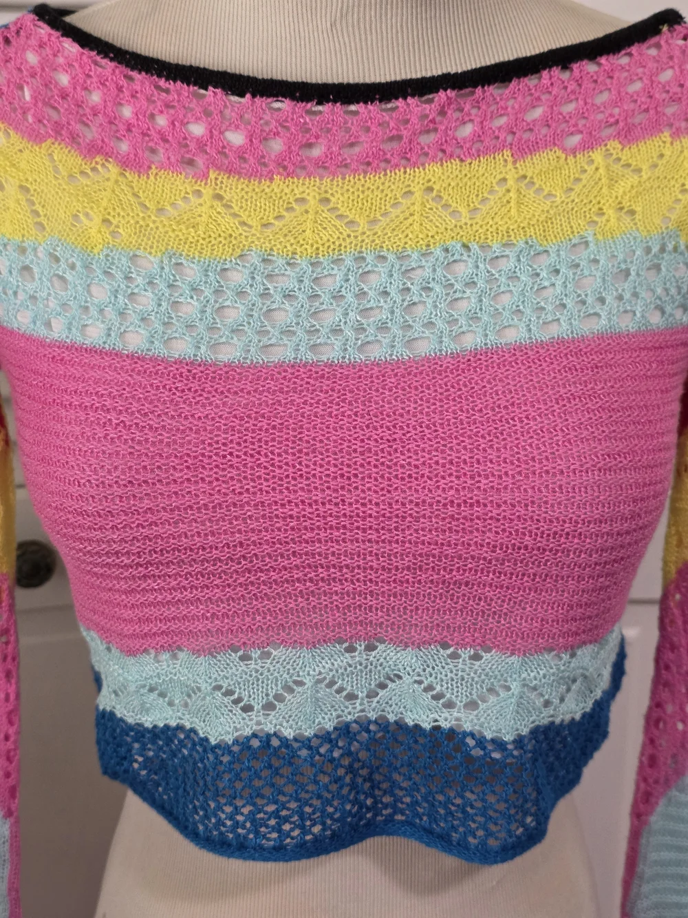STAUD Multicolor Crochet Stripe Crop Top in Pink, Red, Yellow, Blue, Cream